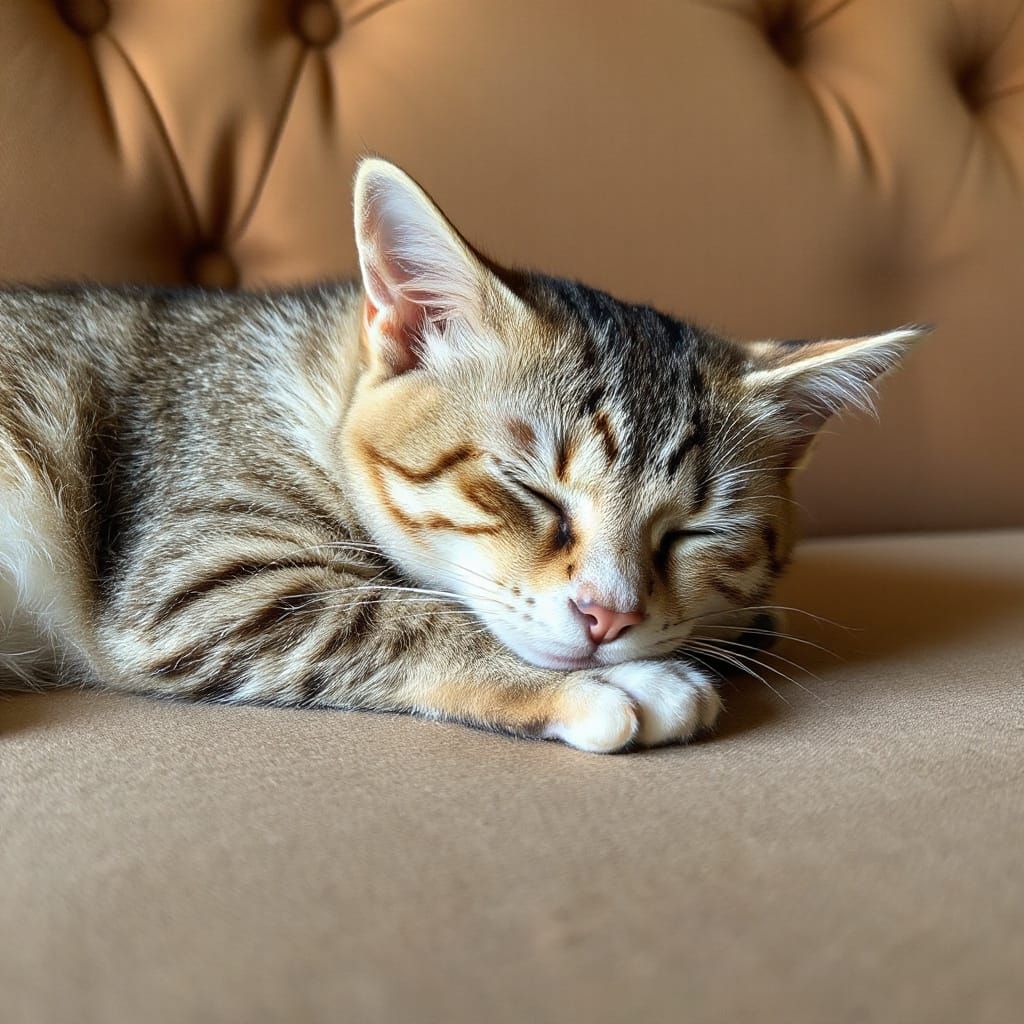 Sleeping Cat on Velvet Couch, Soft Pastel Portrait