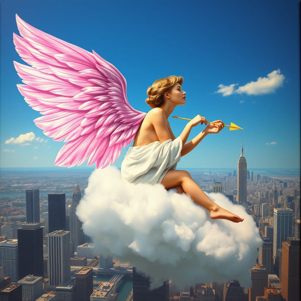 Surreal Cityscape with Dreamy Cupid in Iridescent Feathers
