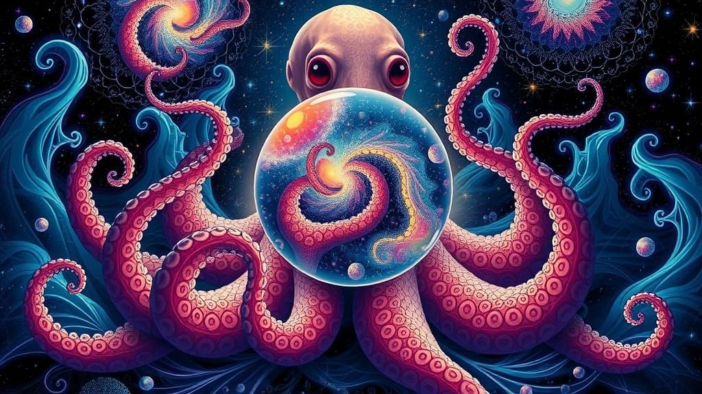 Octopus Holding Universe in Abstract Vector Style