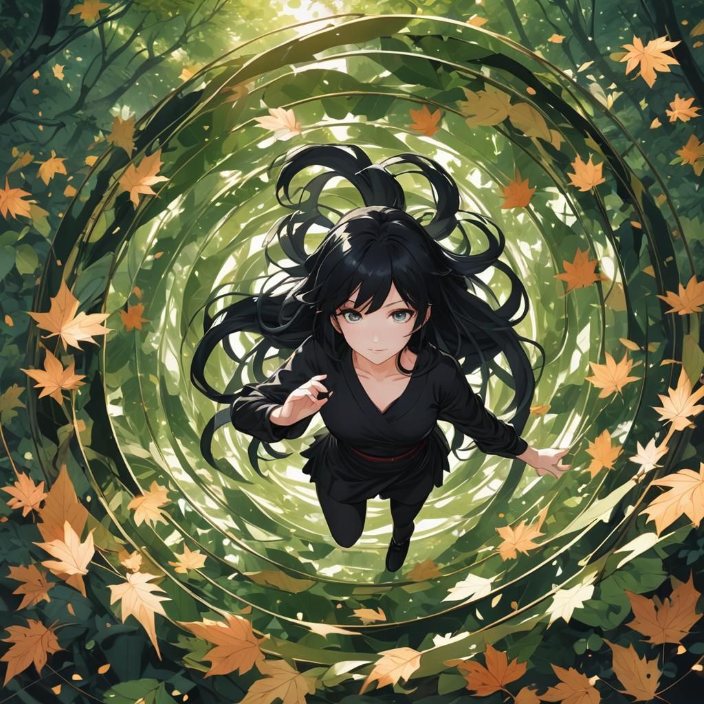 Anime Woman Floating in Leaves Spiral