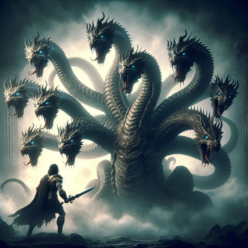 Hero Battles Nine-Headed Hydra at Underworld Entrance