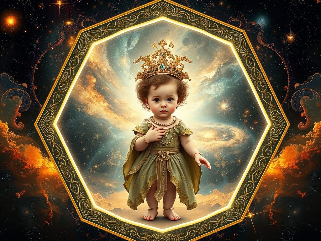 Baroque Child Deity Peeks Through Cosmic Portal