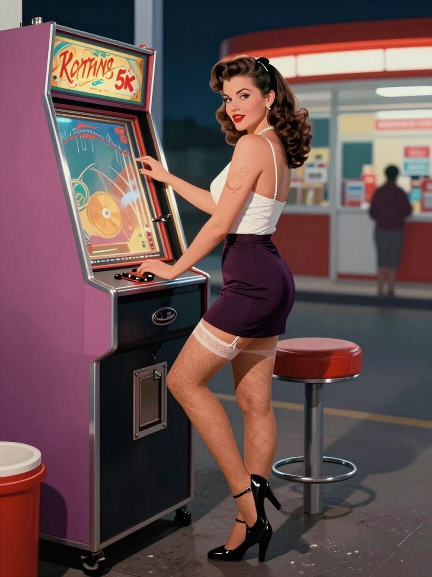 1950s Tattooed Rockabilly Pin-Up at Gas Station