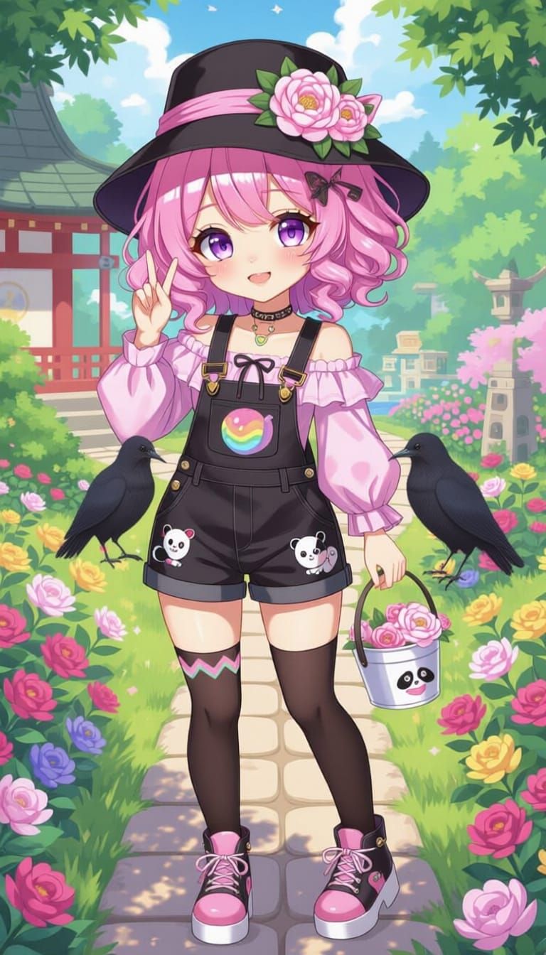 Kawaii Gothic Woman with Peonies in Garden