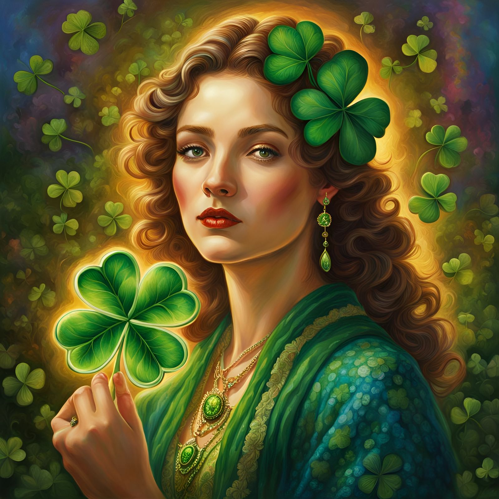 Woman Holding Lucky Clover in Magical Realism Style