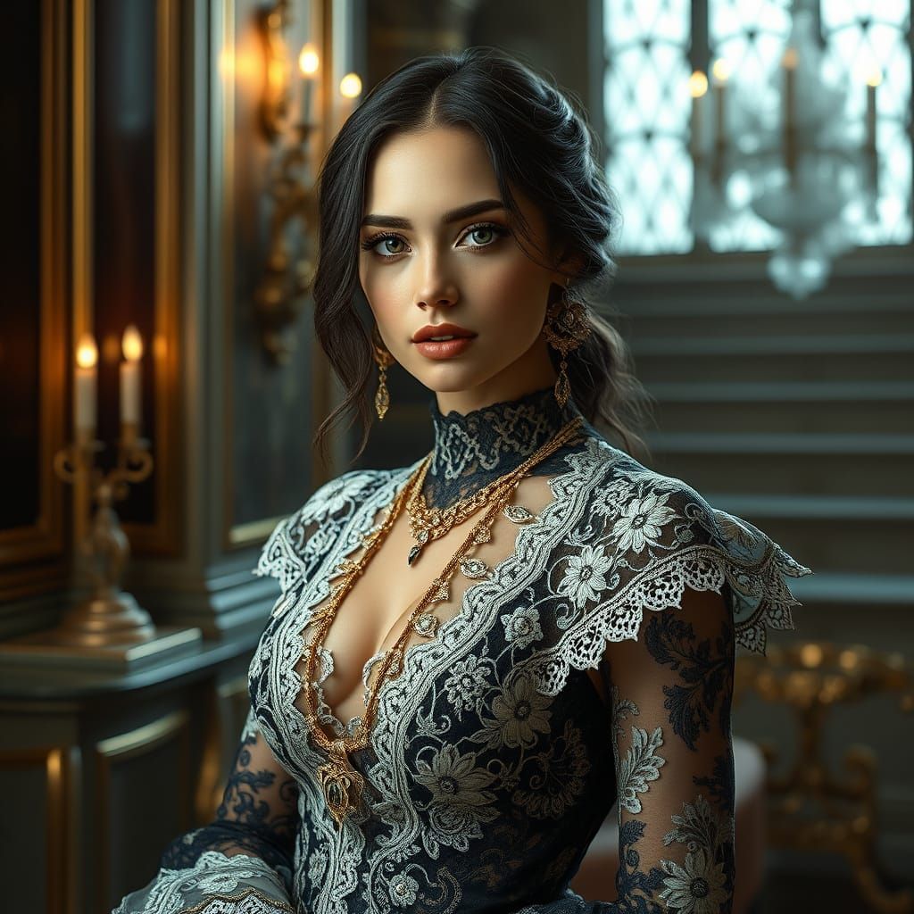 Hyperrealistic Woman in Lace and Gold
