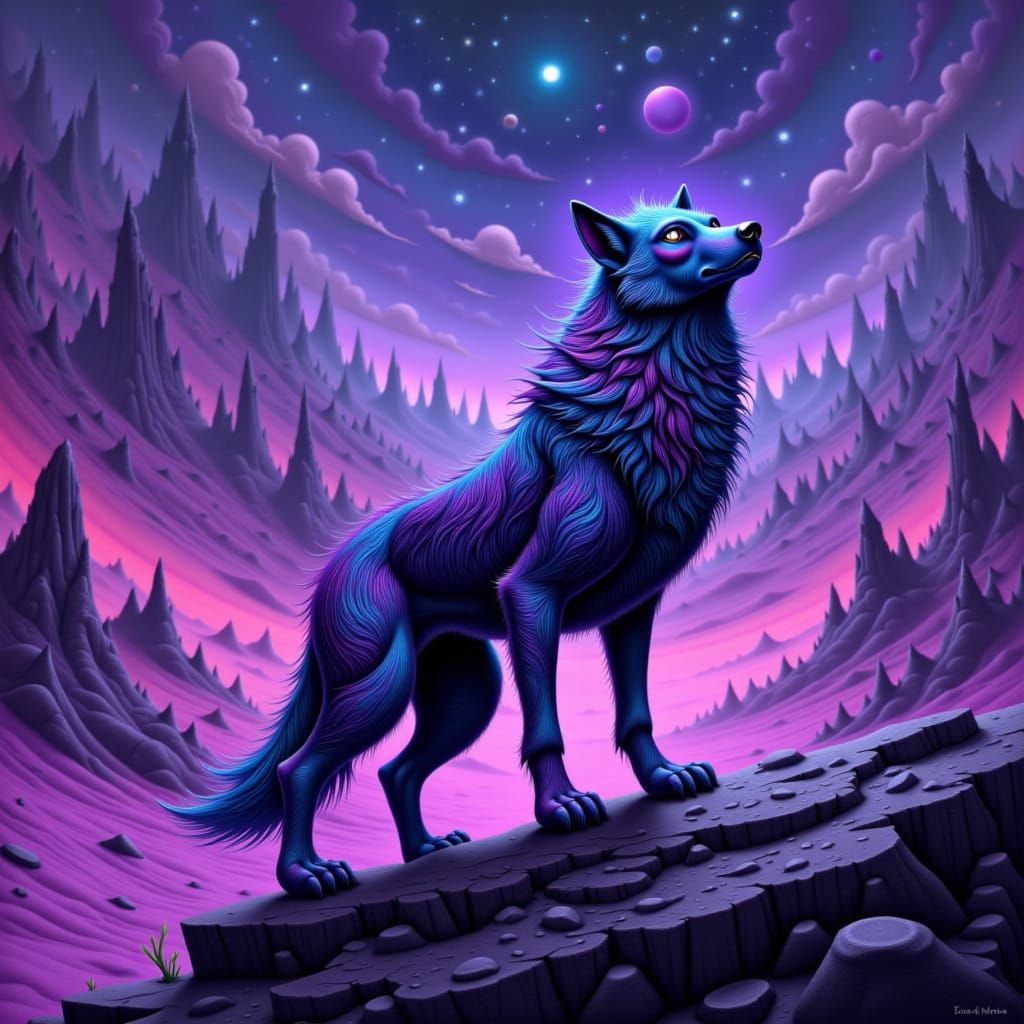 Majestic Neon Wolf on Alien Desert Cliff