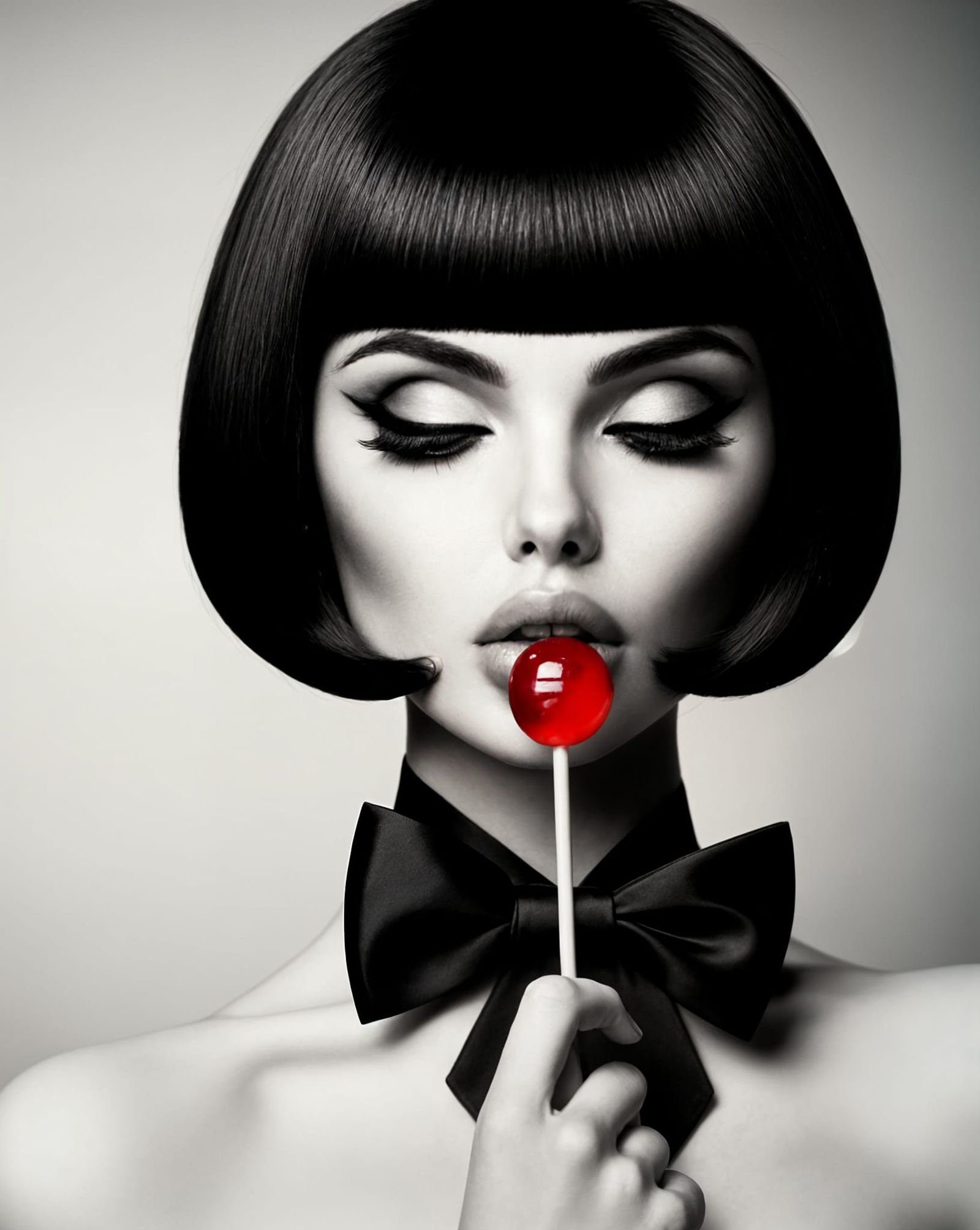 Elegant Woman with Red Lollipop in Black and White
