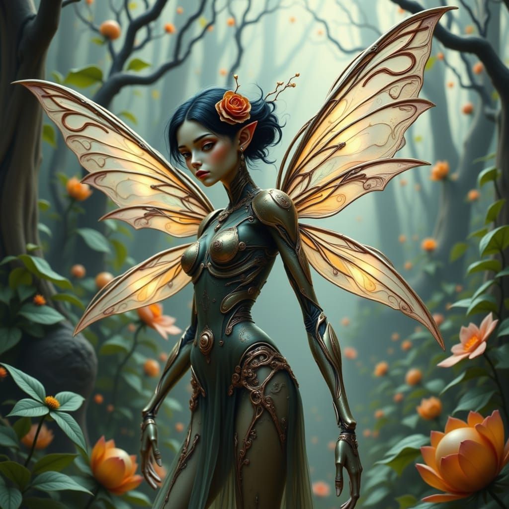Cyborg Fairy in Whimsical, Biomechanical Landscape