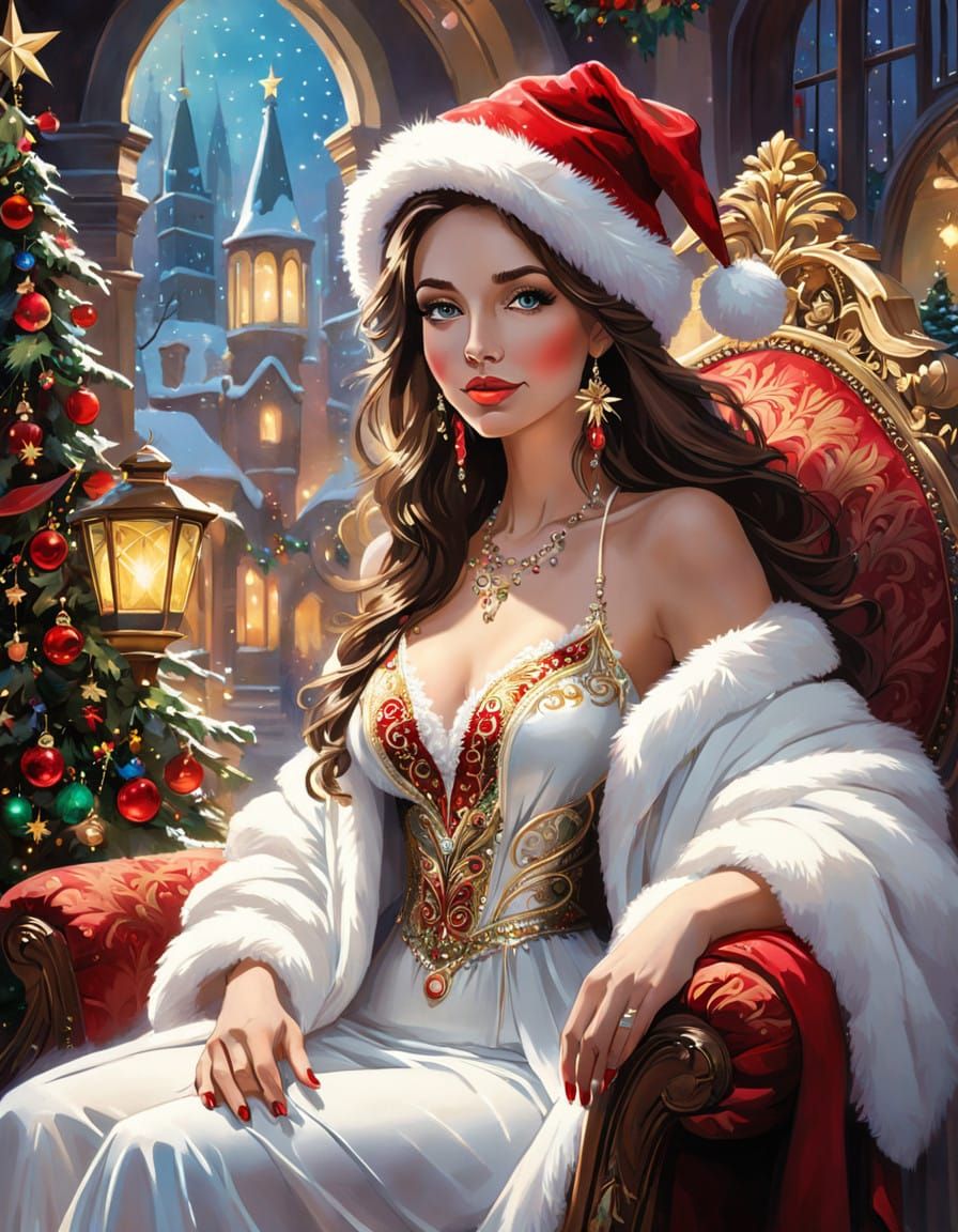 Elegant Female Santa Claus in Whimsical Christmas Portrait