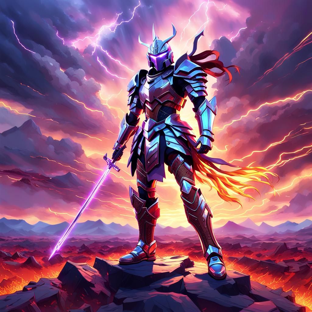 A central figure of a warrior in shining metal armor.