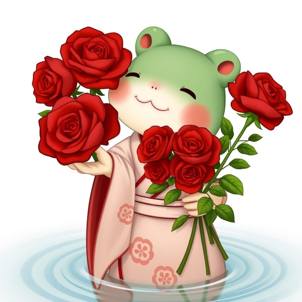 Whimsical Japanese Kappa Blushes with Red Roses