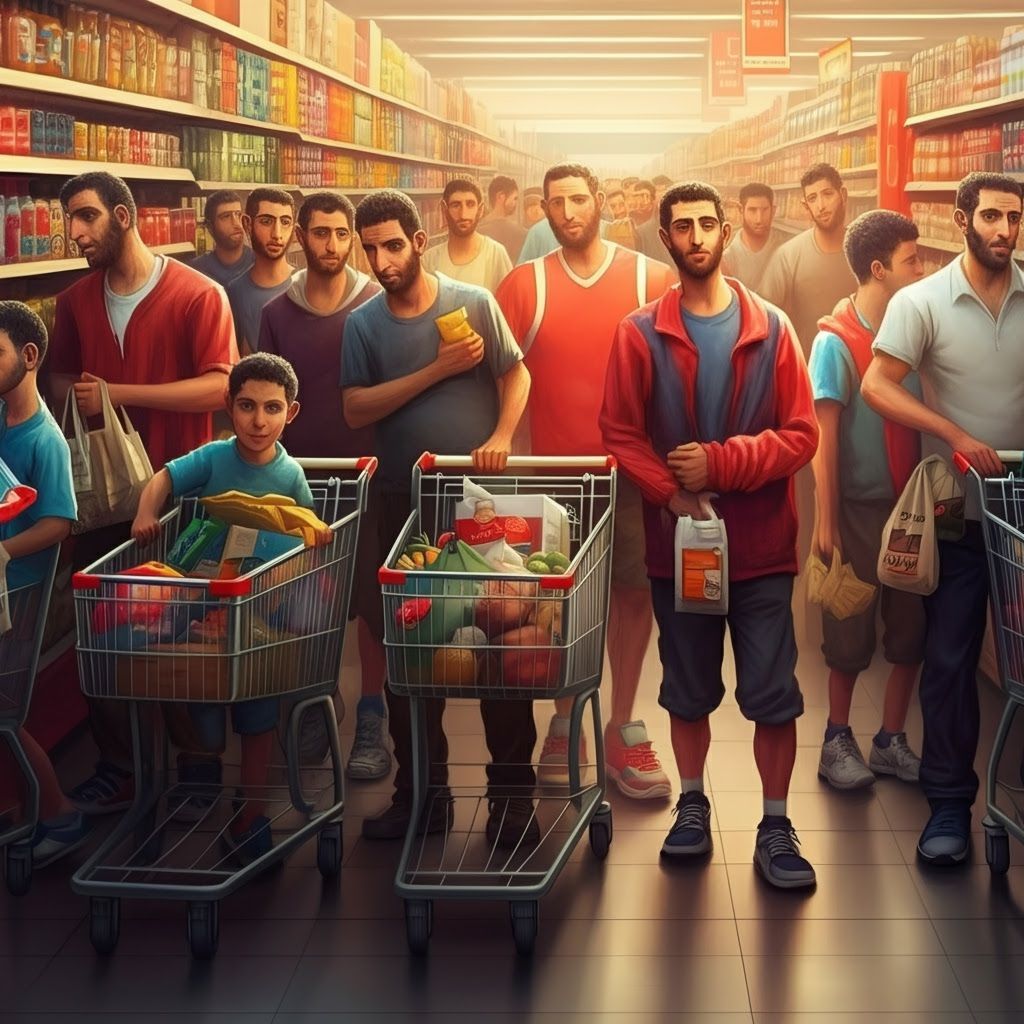 Hyperrealistic Israeli Supermarket Queue Scene