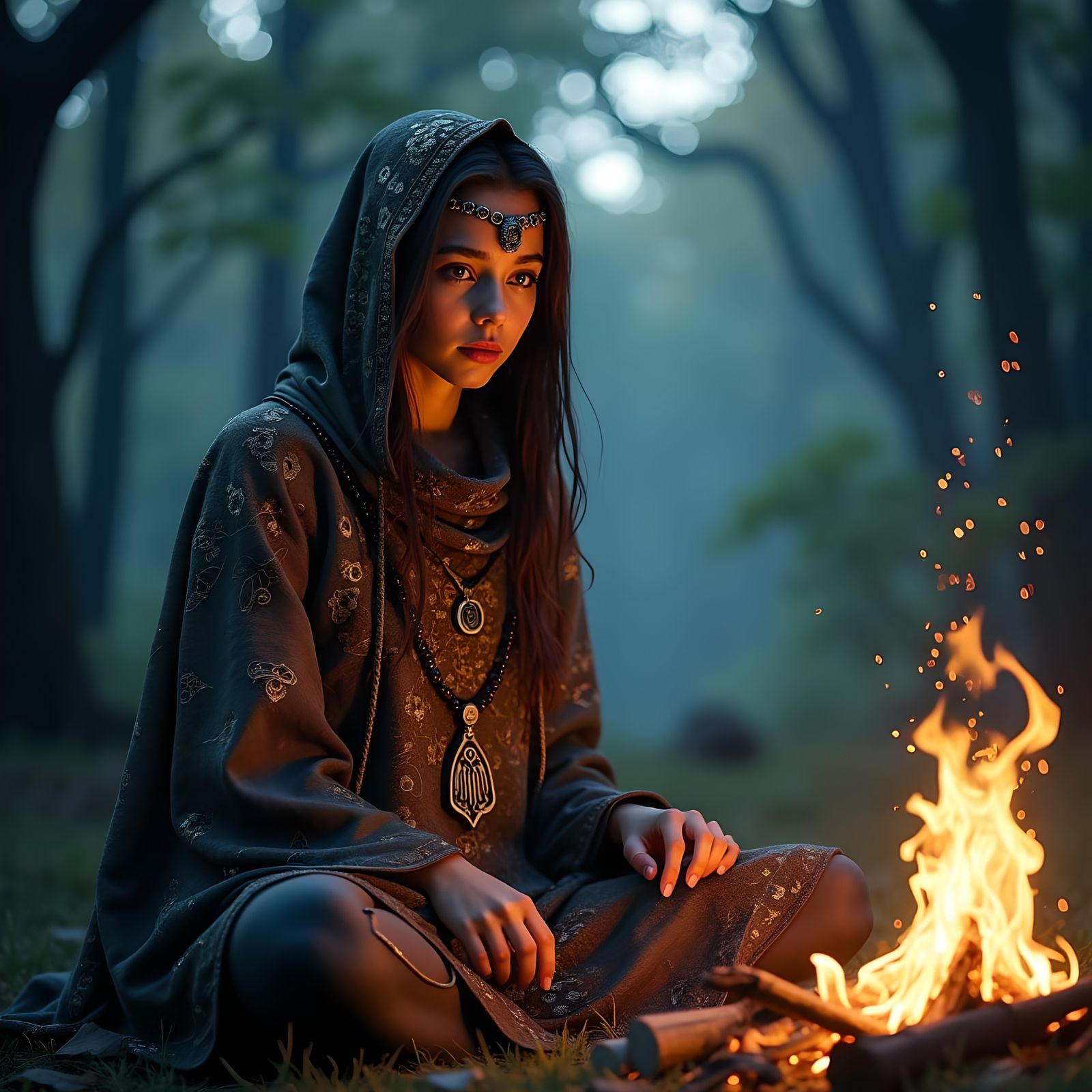Young Shaman Telling a Story by Campfire