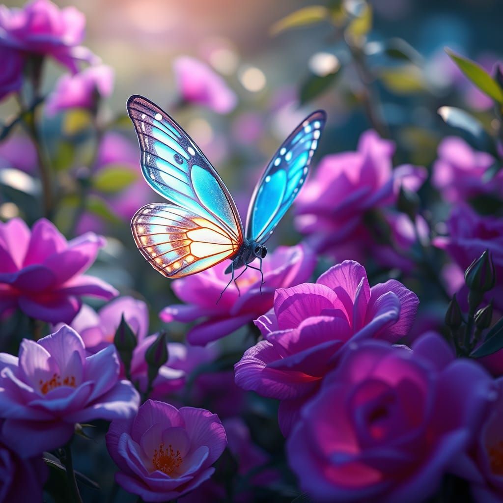 Bioluminescent Butterfly in Violet Rose Garden