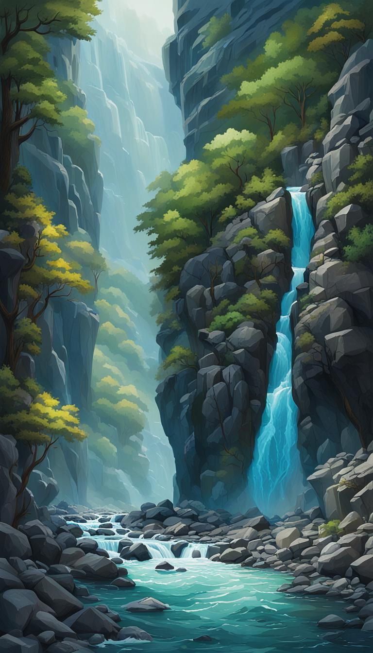 Shimmering Blue Gorge with Raging River, Digital Painting