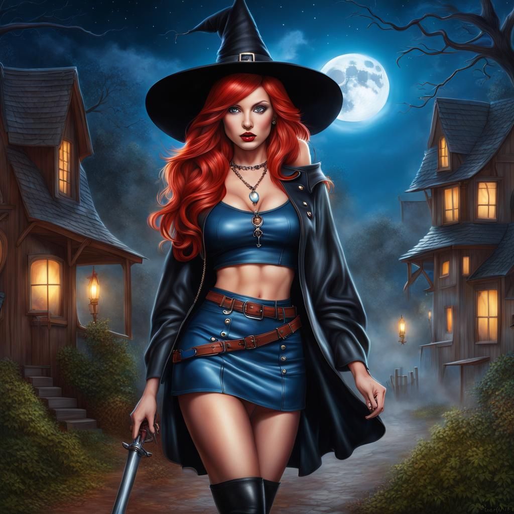 Beautiful Witch with Red Hair Under Full Moon