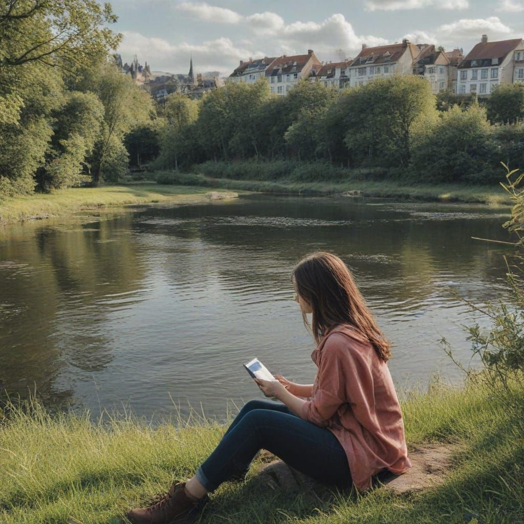 A Person Sits by a Serene River in a Peaceful Scene