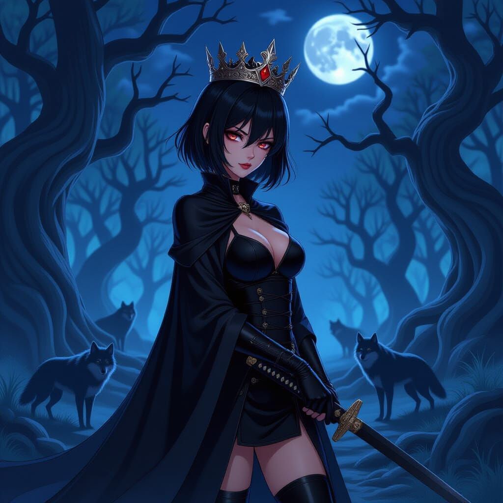 Anime Evil Queen with Katana in Dark Forest
