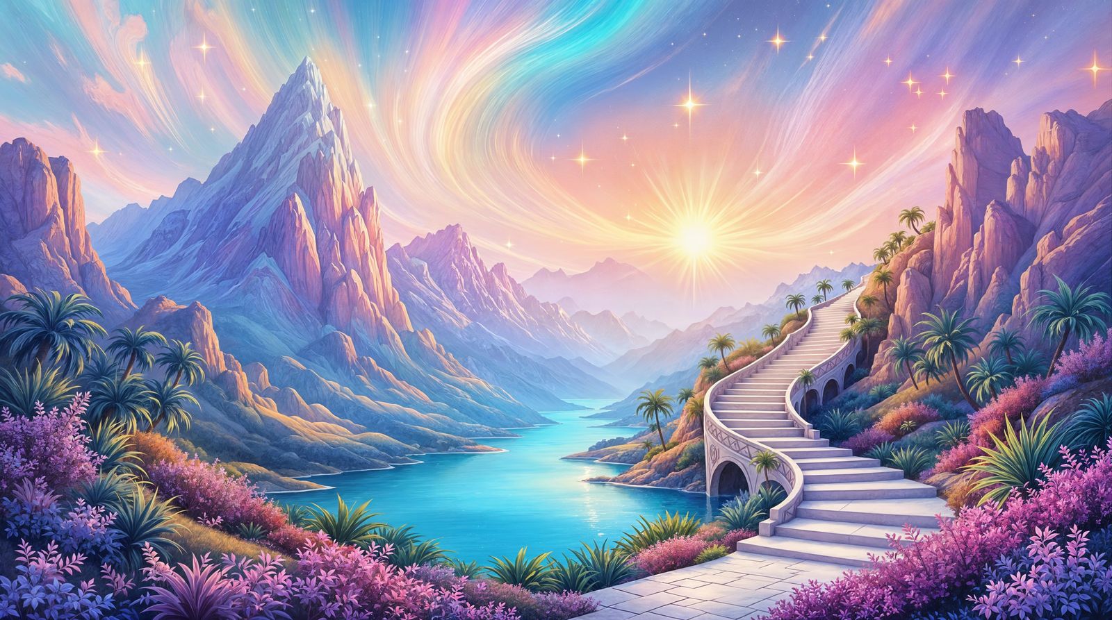 Impressionistic Valley with Pastel Mountains and Celestial S...