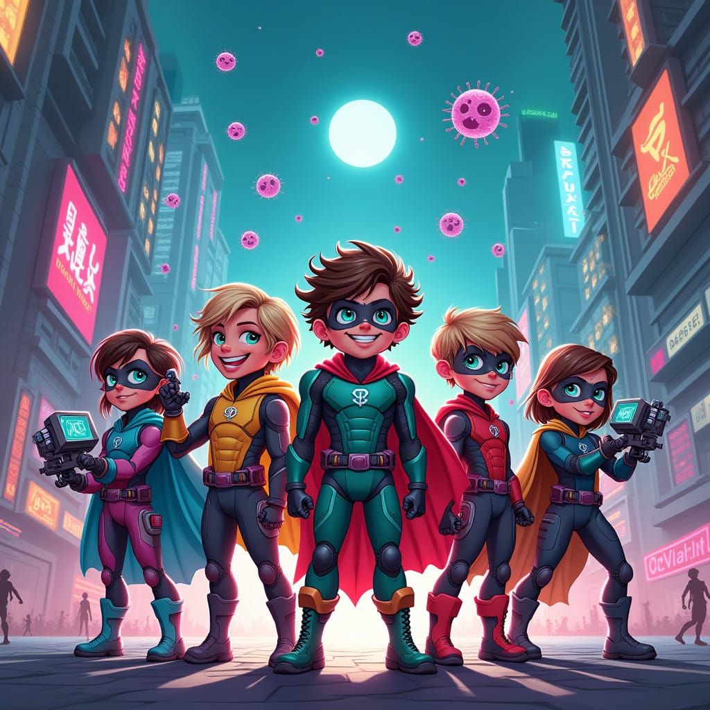 Diverse Superhero Team Battles Germ Monsters in Neon Metropo...