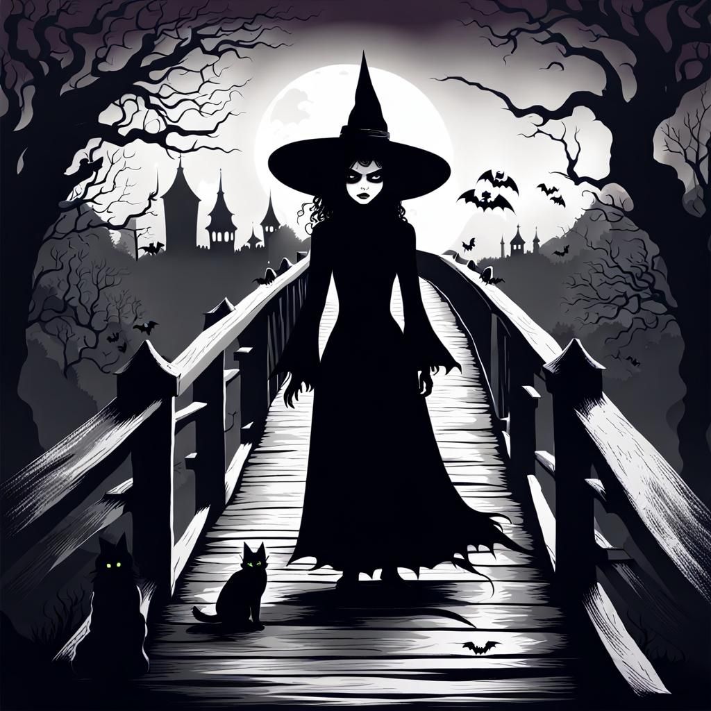 Witch on Bridge in Chiaroscuro Style