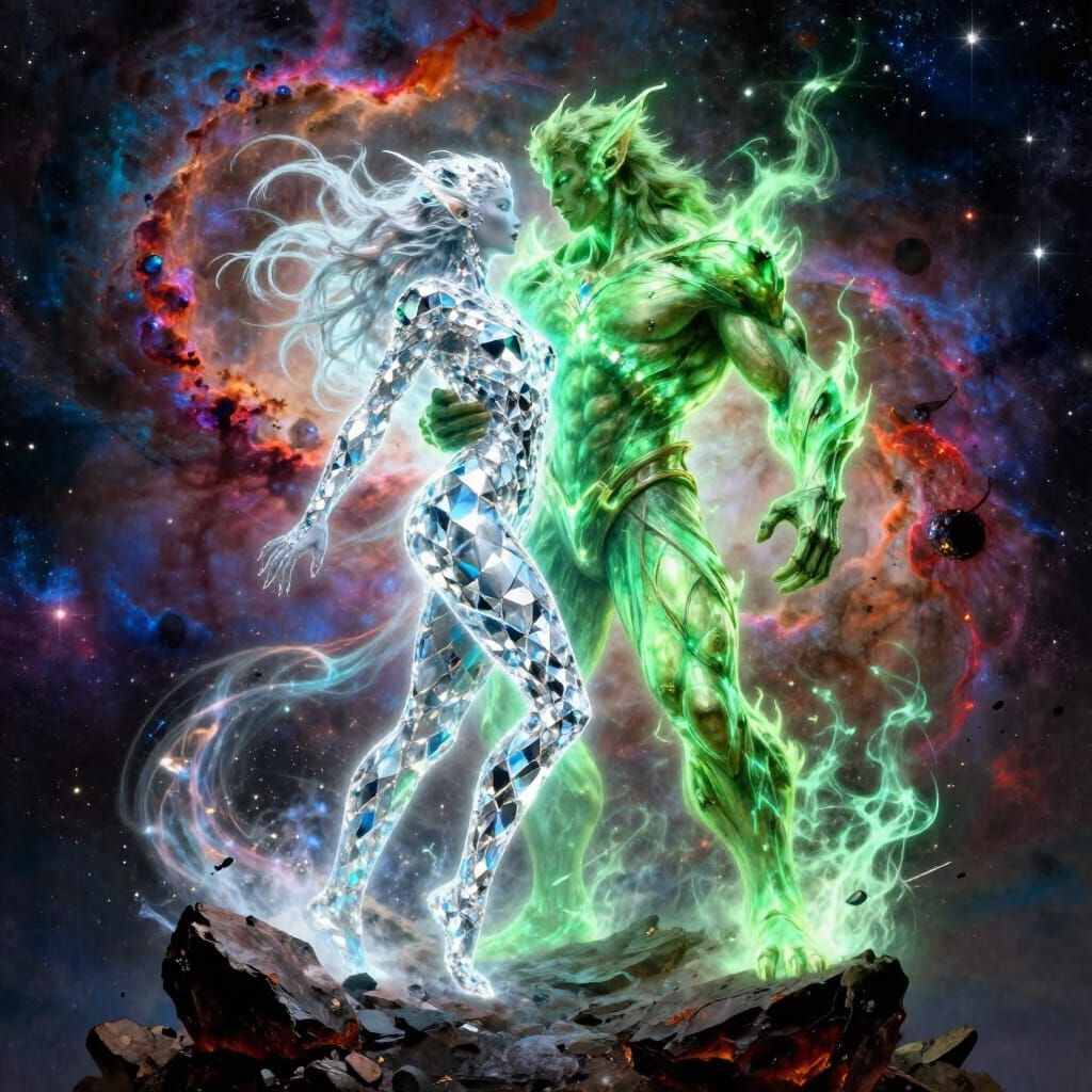 Epic Fantasy Elemental Embrace Amidst Cosmic Nebula