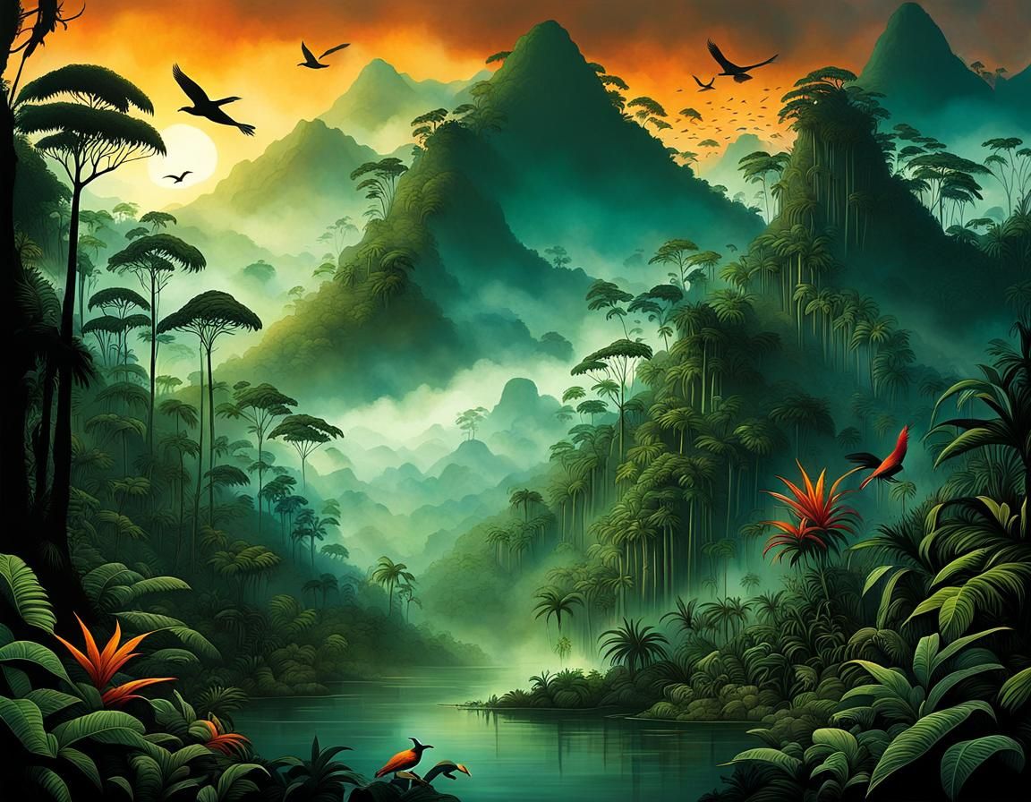 Vibrant Tropical Rainforest Scene in Intricate Detail