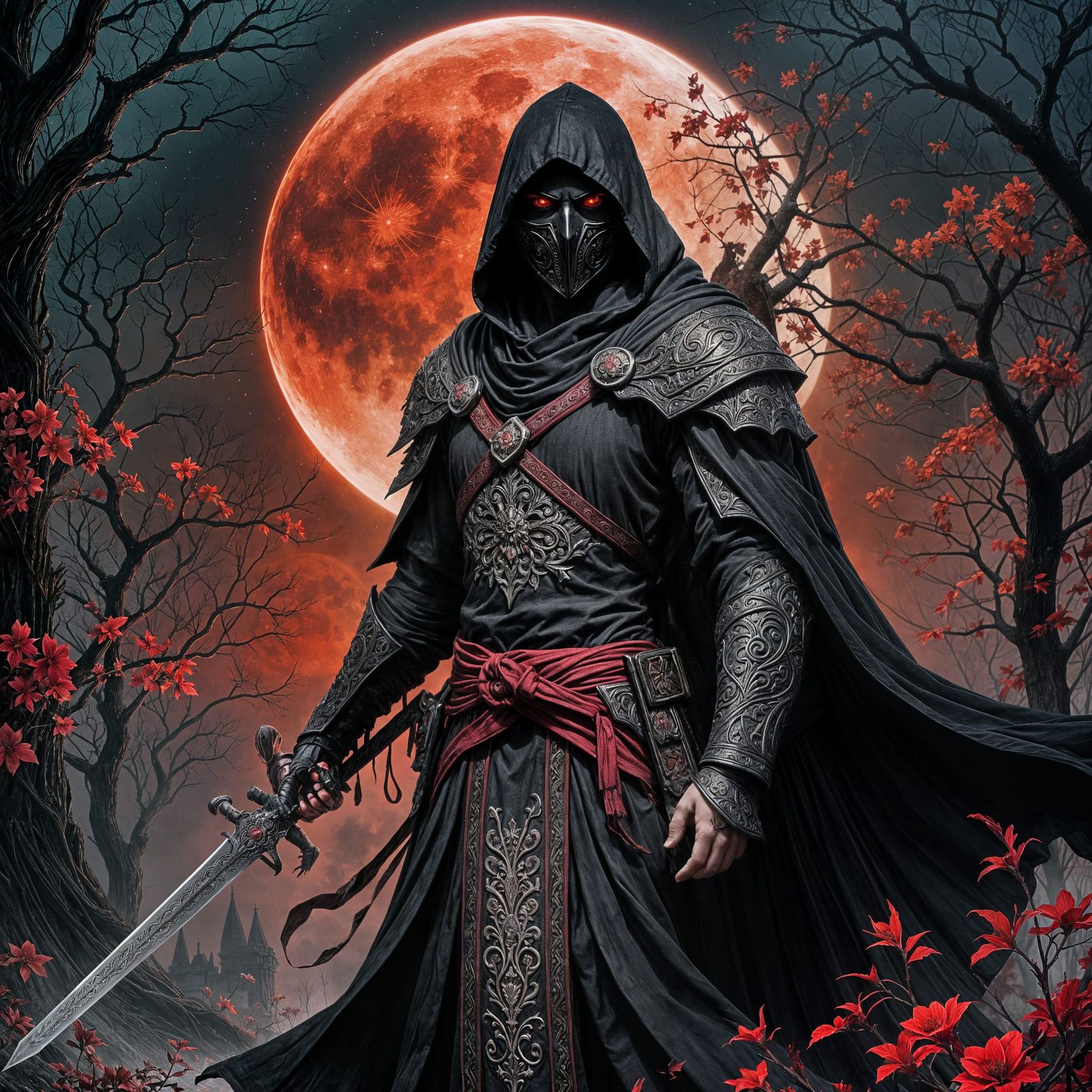 Gothic Warrior Stands Before Blood-Red Moon in Dark Mystical...