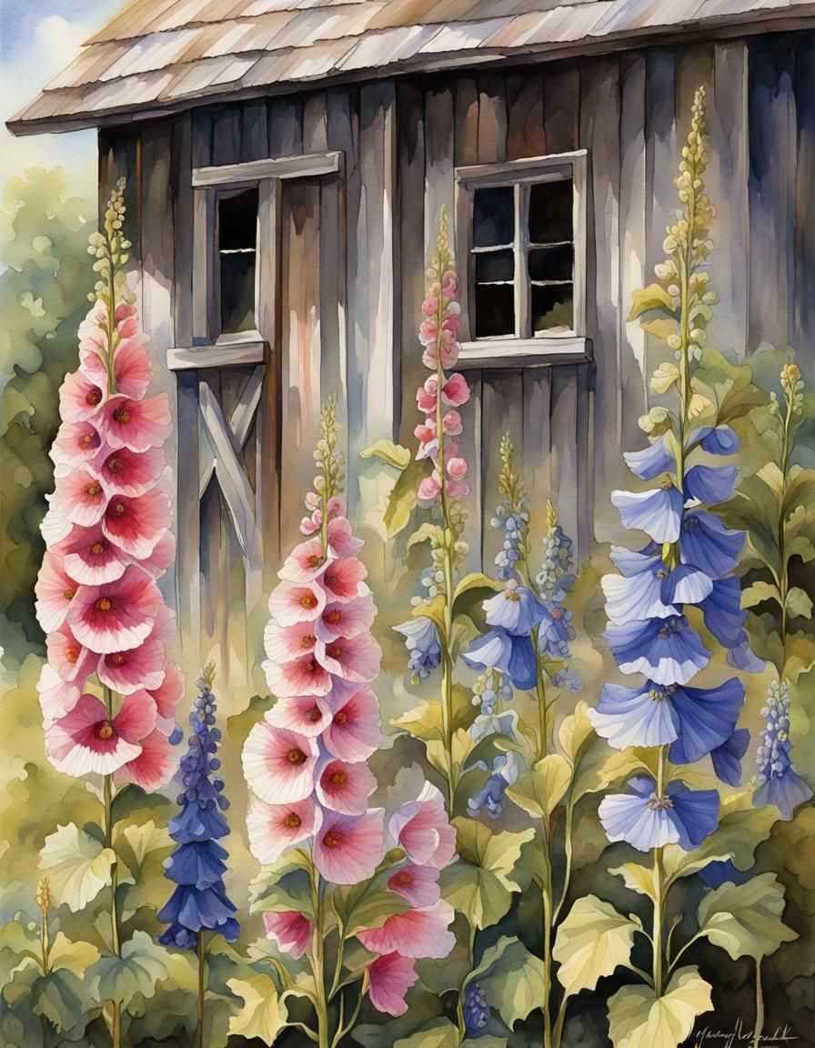 Watercolor Flowers with Honeybees on Grey Barn