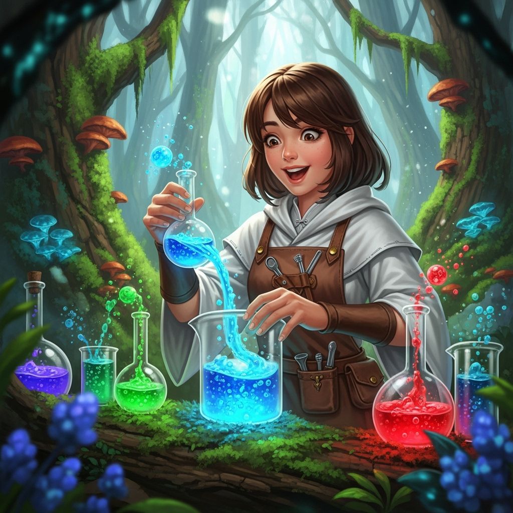 Fantasy Alchemist Mixing Potions in Mystical Forest