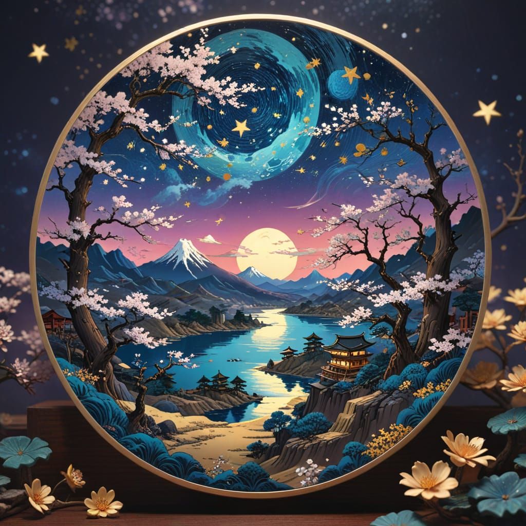 Ukiyo-e Dreamscape with Gold Outlines in Anime Style