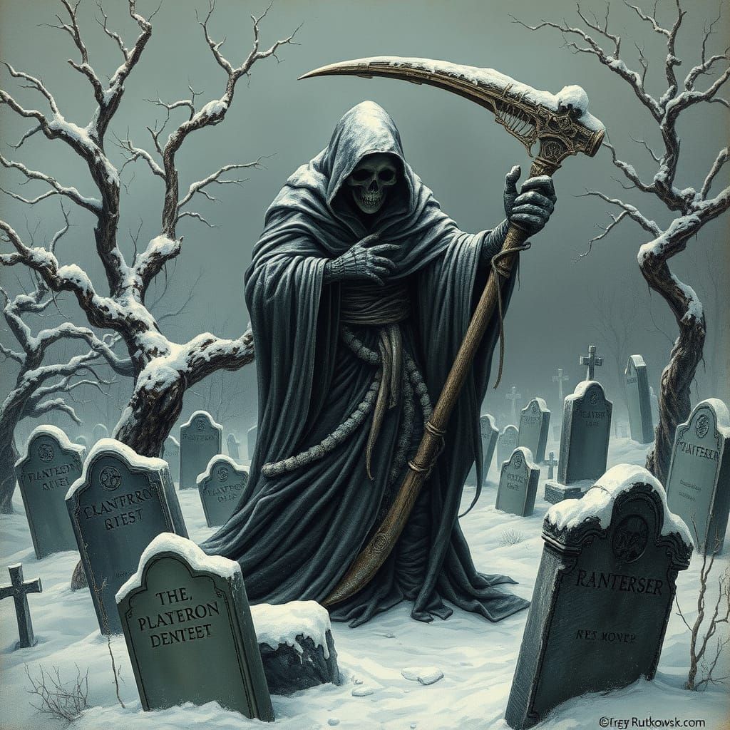 Ethereal Reaper Emerges from Haunted Winter Cemetery