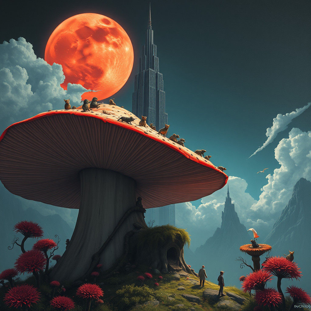 Giant Mushroom Skyscraper in Surreal Tempera Style