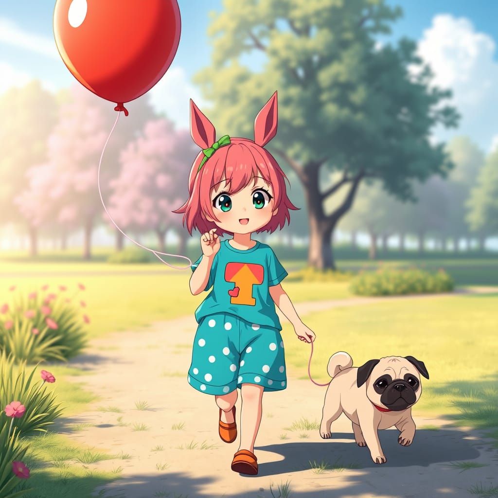 Whimsical Anime Girl Strolls Through Morning Park with Soari...