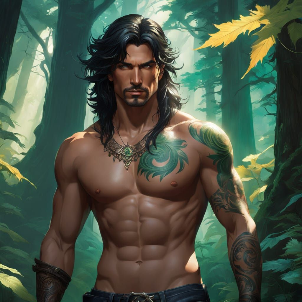 Tribal Warrior Emerges from Misty Forest