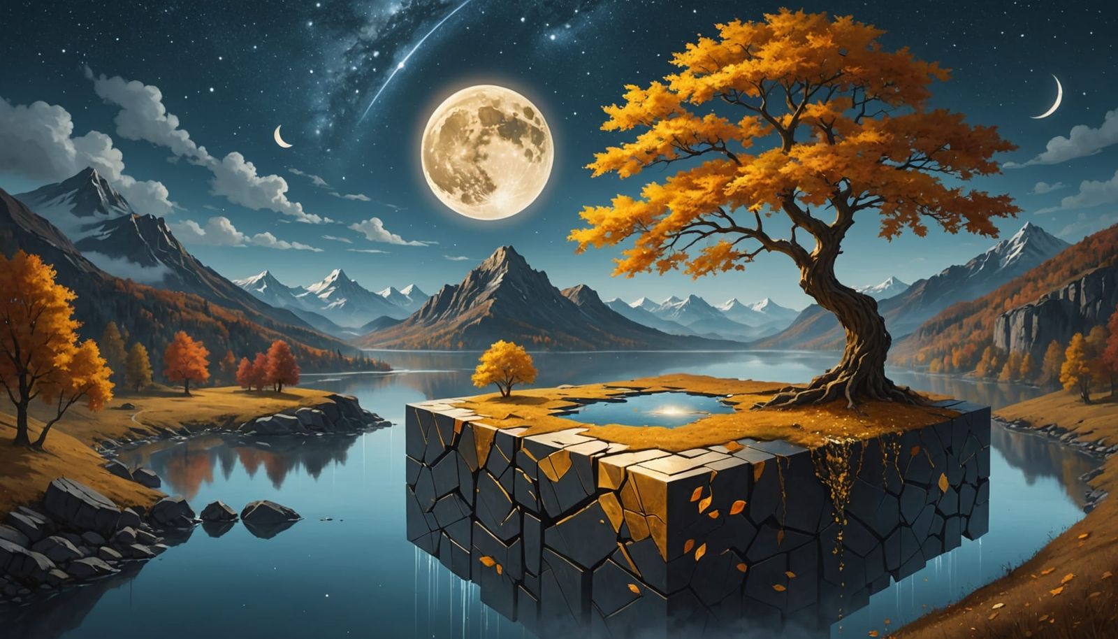 Surreal Floating Cube Frames Autumn Landscape Under Starry S...