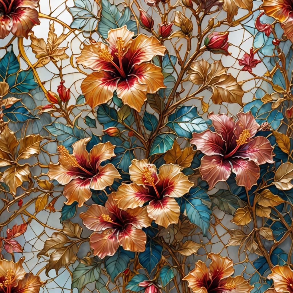 Hibiscus Flowers in Digital Watercolor Stained Glass