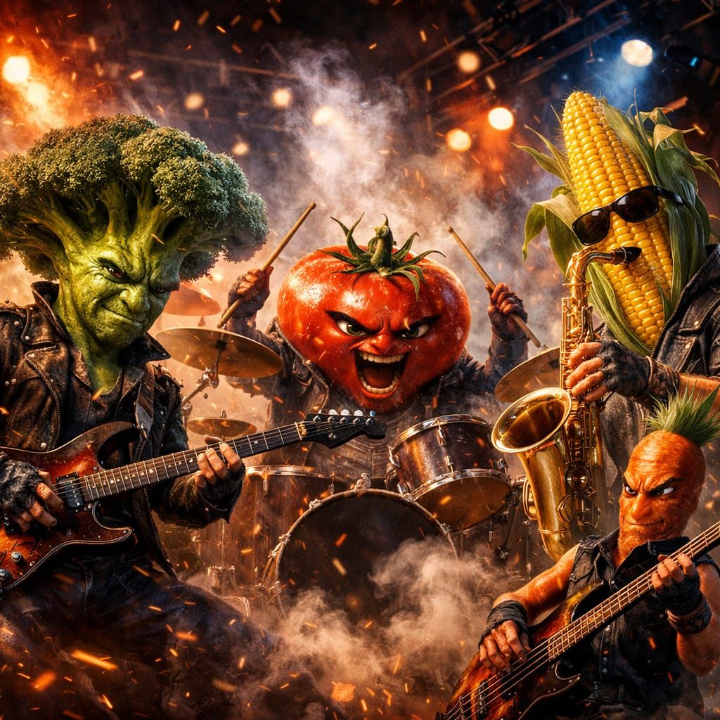 Humanoid Vegetables Rock Band on Stage