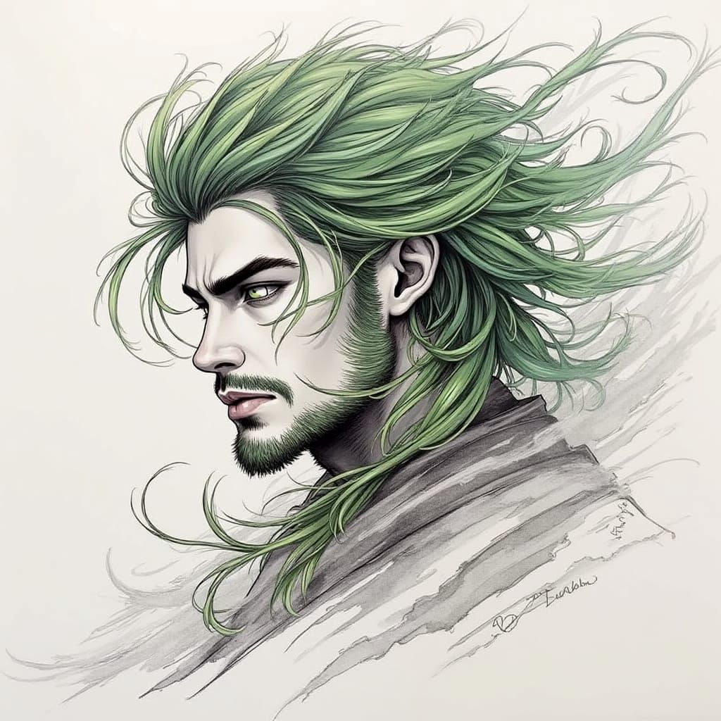 Handsome Voidlord with Flowing Green Hair in Neon-Noir Style