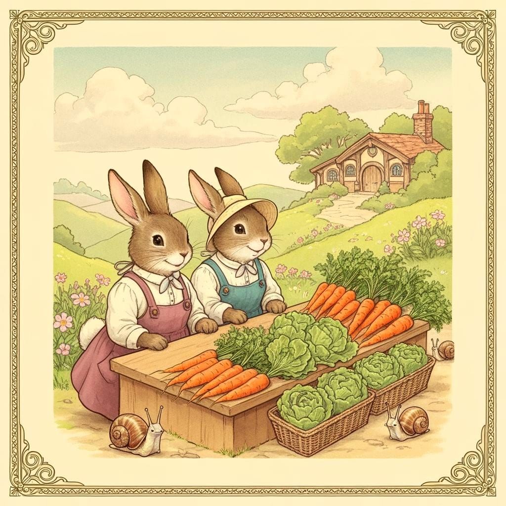 Victorian Bunny Couple at Farm Stand, Antique Illustration S...