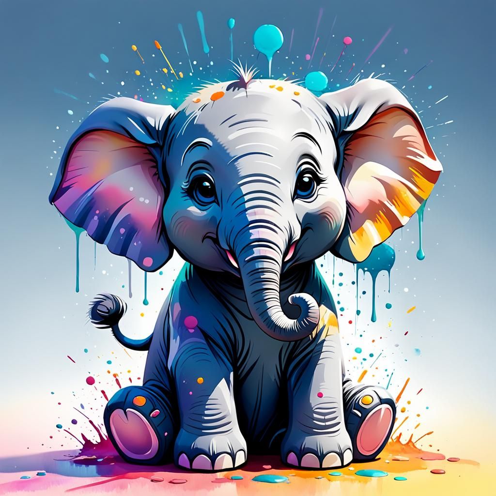 Cute Baby Elephant Smiling in Watercolor Style
