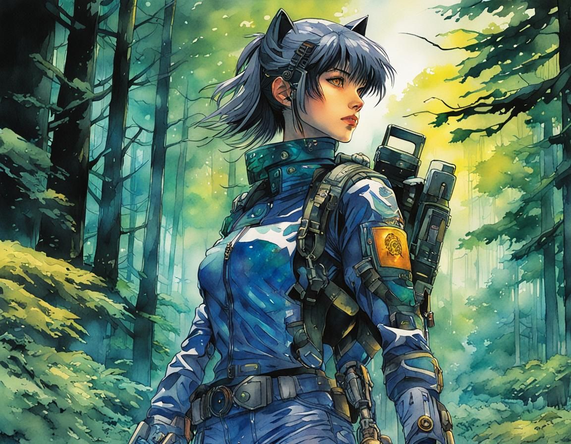 Cyberpunk Cyborg Wolf and Ranger Girl Watercolor