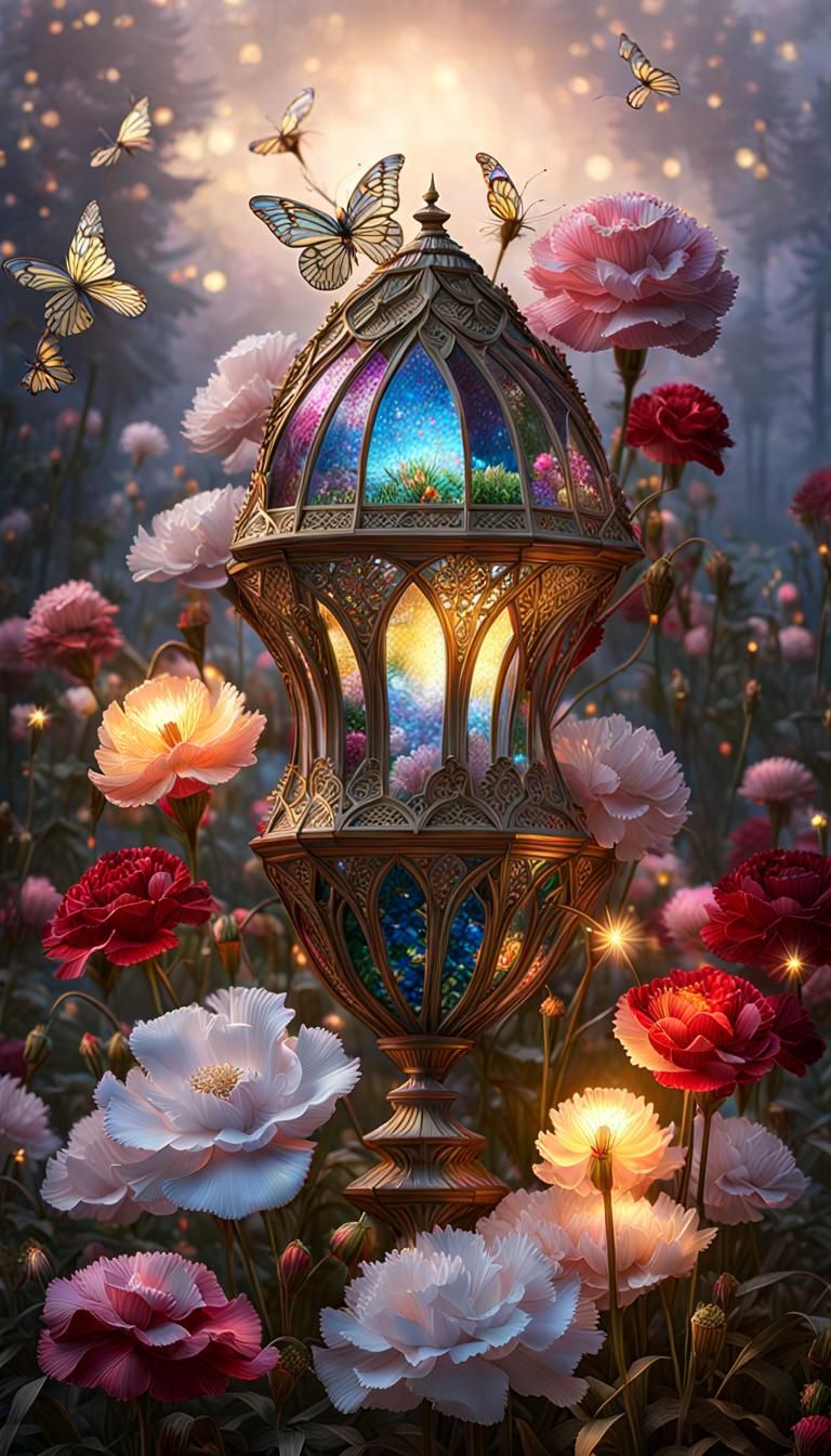 Gold-Dusted Carnation Garden in Stained Glass