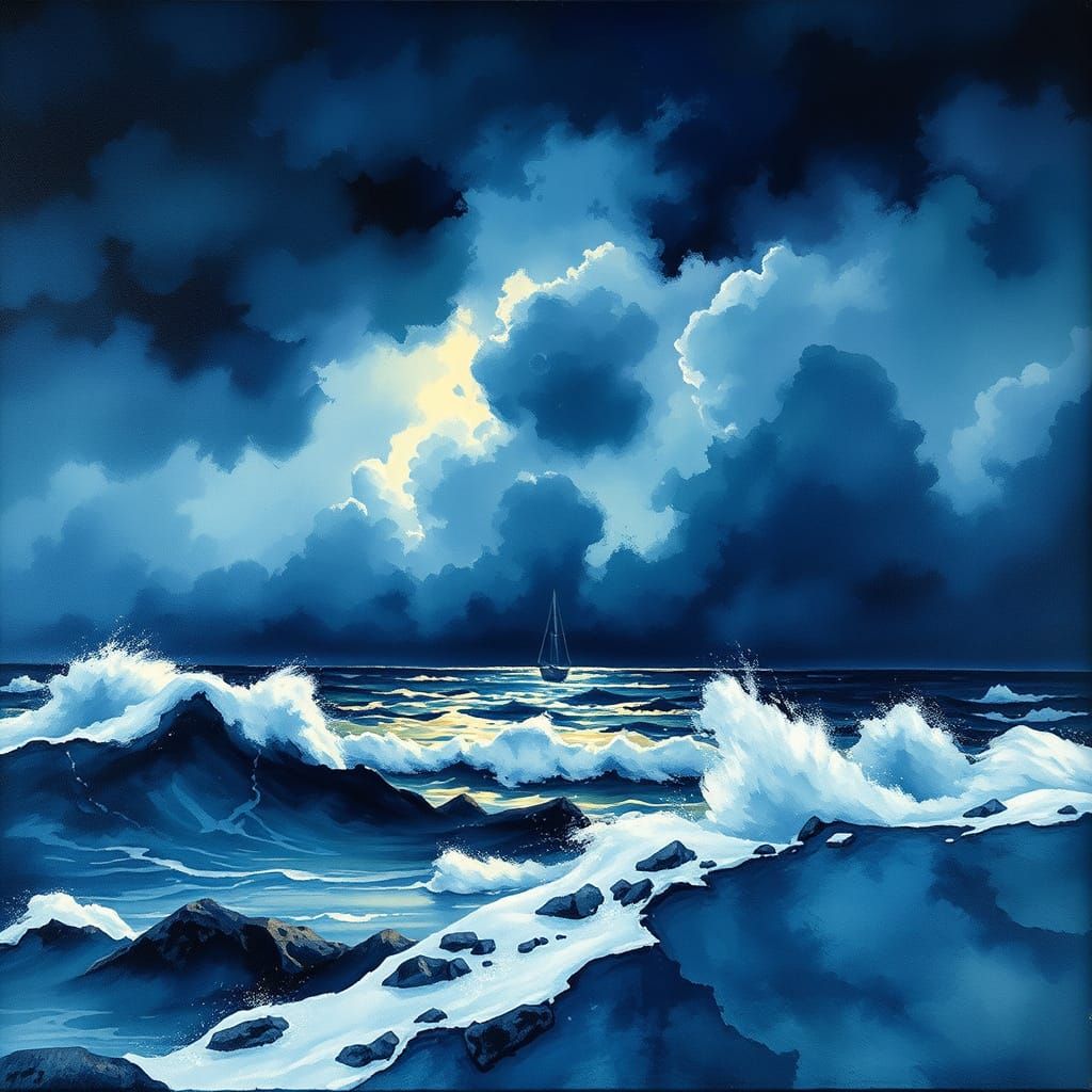Stormy Night on Jutland Coast in Gouache Style