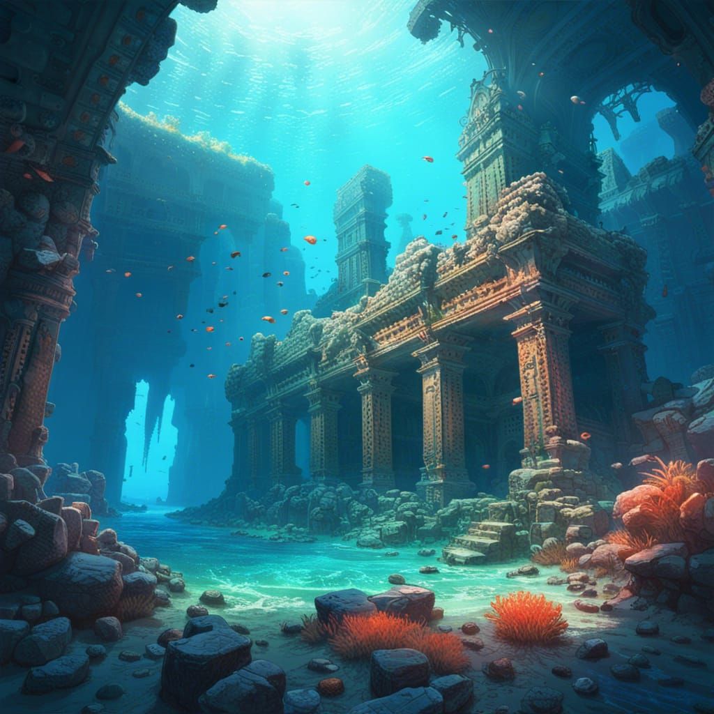 Underwater Stone Ruins in Maximalist Style