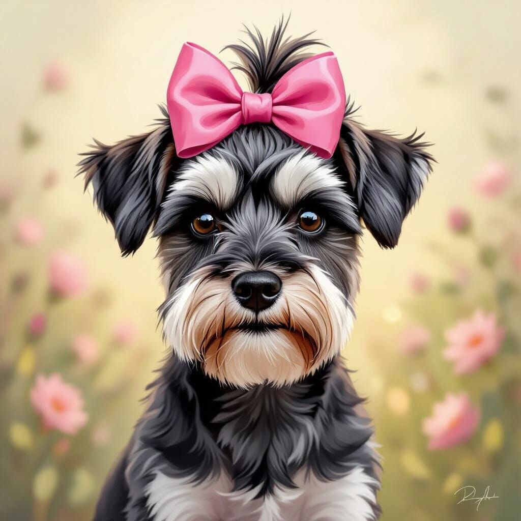 Miniature Schnauzer Dog with Pink Bow in Storybook Style