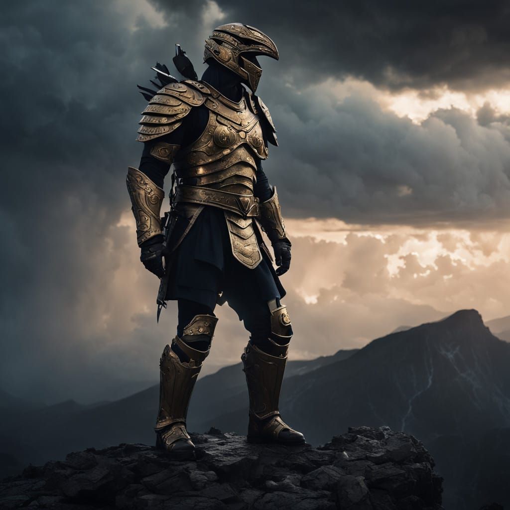 Epic Warrior Silhouette on Stormy Mountain Peak