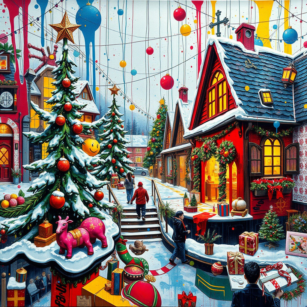 Vibrant Christmas Scene in Graffiti and Splash Art Styles