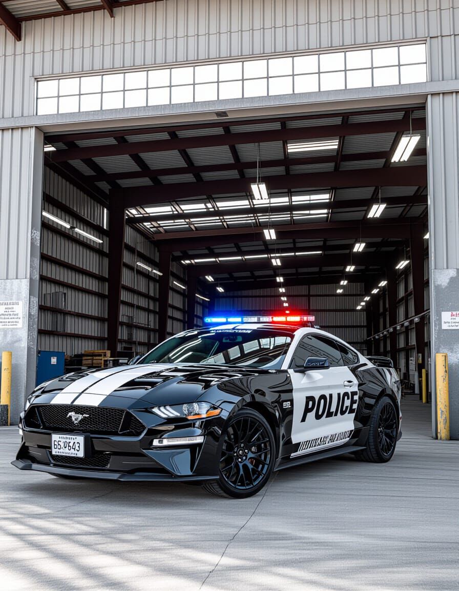 Realistic Black and White Ford Mustang Police Car in Industr...